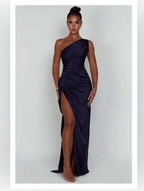 One-Shoulder Navy Evening Gown with Side Slit